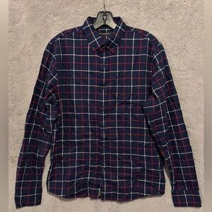 Banana Republix Luxe Flannel Shirt Mens Medium Untucked Slim Fit Navy Blue Plaid